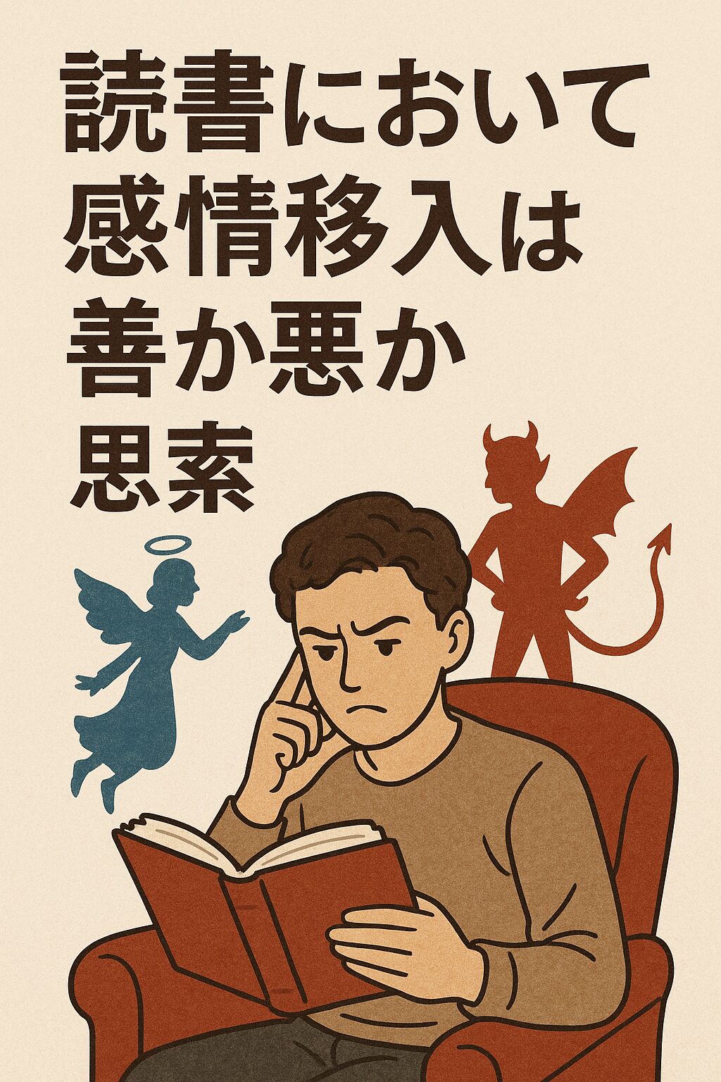 天使と悪魔が、読書をしている人間の傍らにいる画像