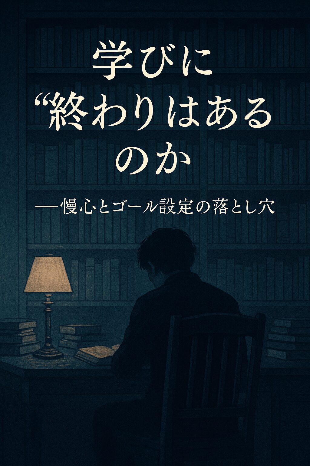 人が、暗い書斎にて、テーブルランプの灯りで勉強している様子の画像