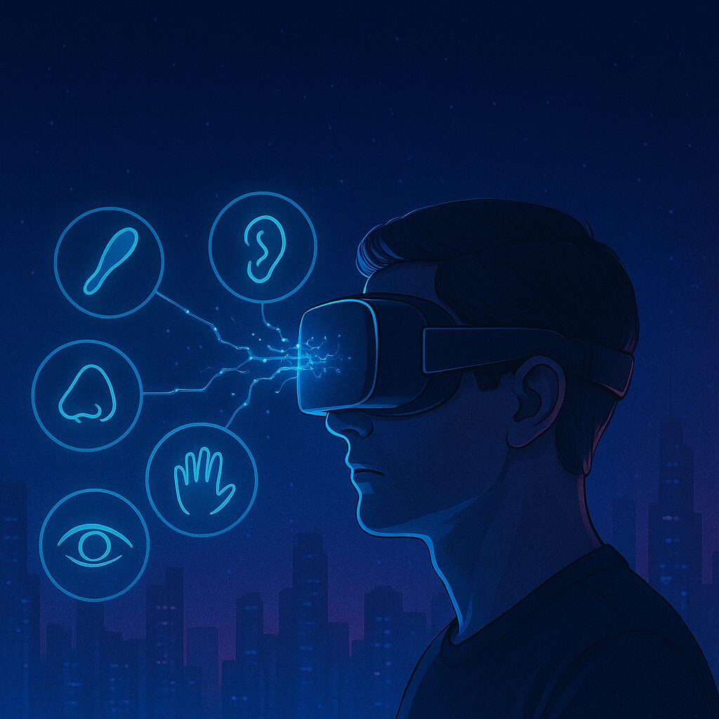 VRゴーグルをした人と、そのゴーグルから五感のアイコンが伸びている絵